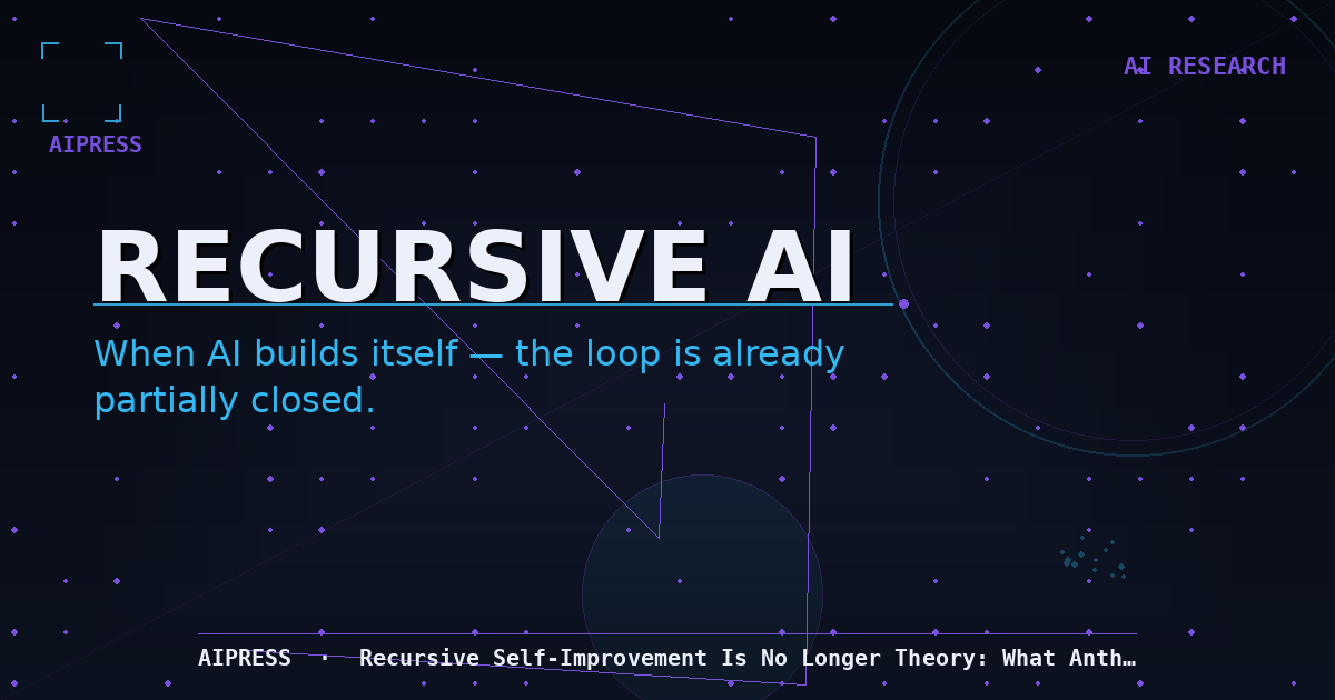 Dark navy and violet editorial graphic with the headline RECURSIVE AI in large bold text, a concentric-ring geometric motif, and the AIPress title strip at the bottom.